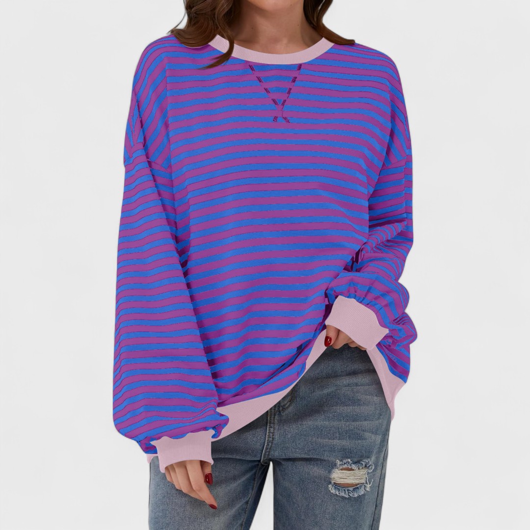 Anna - Casualna Bluza w Paski z Długim Rękawem